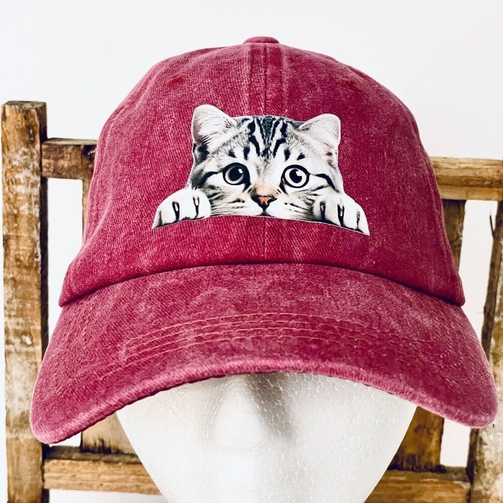 NWT Gorgeous Tabby Kitty Cat on Washed Navy Burgundy Adjustable Baseball Hat Cap